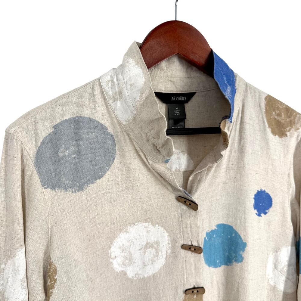 Ali Miles Sz Medium LINEN BLEND Blue Beige Wearable Art Beach Blouse Shirt Top - Picture 5 of 13